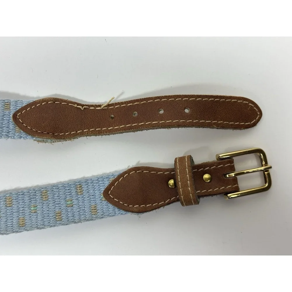 Light Pale Blue Cloth & Leather Belt Size 42 Preppy 1
